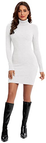 Avancel Damen Strickkleid Winter Kleid Langarm Pulloverkleider Knielang Elegant Rolllkragen Kleidr Herbst Weiß XXL