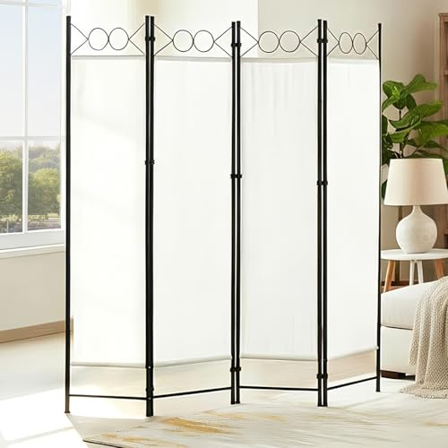 LEMROE Folding Bedroom Panel Screens with 4 Panels Privacy Screen Polyester Room Divider Screen Free Standing Home Bedroom Furniture (Cream)