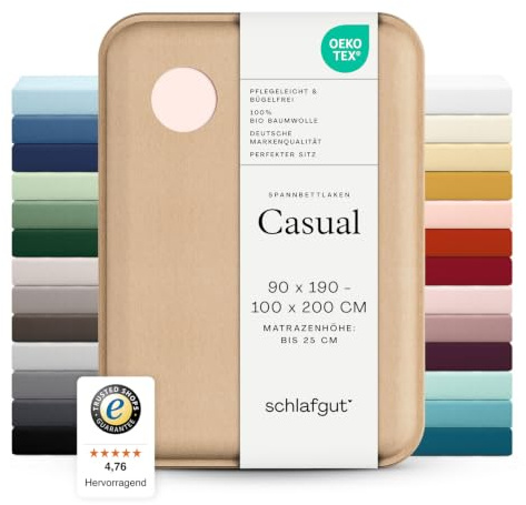 schlafgut Casual Spannbettlaken 90x200 cm 100% Bio-Baumwolle, Red Light | Bettlaken, Spannbetttuch 100x200, 90x190 cm, Rot, Jersey, Sommer, 150 g/m², bis 25 cm Steg, Made in Green