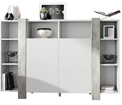 Vladon Highboard Ida, Made in Germany, Anrichte mit 12 Fächern, Korpus in Weiß matt, Blenden in Beton Oxid Optik (149 x 101 x 34 cm) | Große Farbauswahl