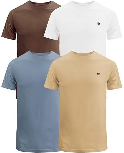 JRC Just Royal Clothing Pack of 4 Mens Short Sleeve Crewneck T-Shirts, Casual Round Neck Tops (Sheep Skin, Stone Blue, White, Cocoa Brown, 3XL)