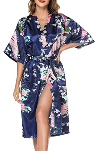 Lovasy Kimono Dressing Gowns Satin Kimono Robe Peacock and Blossoms Silk Dressing Gown for Women UK Long Silk Bride and Bridesmaid Robes,Dark Blue,XL