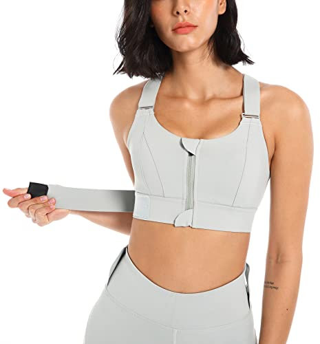SEAUR Damen-Sport-BH Nahtlos mit Abnehmbaren Trägern Front Zip Atmungsaktiv High Impact Gepolsterter Yoga-BH für Boxen Radfahren Grau 1 XXL