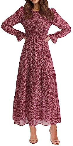 BTFBM Women Casual Long Sleeve Crew Neck Fall Dress Bohemian Relaxed Fit Floral Flowy Maxi Dresses Tiered Cocktail Dress