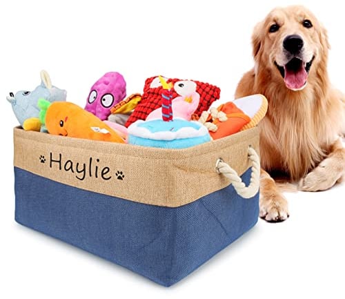 Personalised Dog Toy Box, Foldable Dog Basket with Cotton Handle, Puppy Toy Organiser for Food, Clothing & Accessories, Customised Name & Paw Heart Print (Dark Blue)