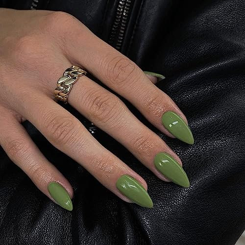 Feather olive green press on nails almond, KXAMELIE nails stick on medium acrylic nails pure shiny false green almond fingernails nails more durable to stick on
