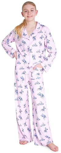 Disney Stitch Girls PJs for Kids Teenagers - 2 Piece Long Girls Pyjamas Breathable Lounge Wear 7-14 - Years Stitch Gifts (Pink, 7-8 Years)