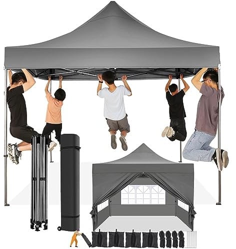 COBIZI Faltpavillon 3x3 Wasserdicht Stabil Winterfest mit Seitenwand,Pop Up Pavillon Partyzelt,Sonnenschutz Gartenpavillon,Pavillon Faltbar mit Tasche mit Rollen(3 mal 3m Grau)