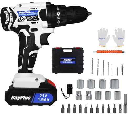 21V Cordless Drill Set with 1.5AH Lithium-ion Batteries & Fast Charger, Home Power Drill 3/8 Keyless Chuck, 400 in-lb Torque, 2 Speed, 25+1 Torque Setting, 29pcs Drill/Driver Bits, White