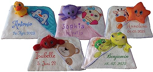 Wuff-Dogsworld Baby Kapuzentuch mit Namen Bestickt + Zugabe Handtuch Badetuch Kapuzenhandtuch Datum Kinder Poncho Geschenk