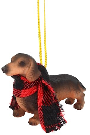 Dackel Weihnachtsbaumschmuck, kleiner festlicher Hund mit Büffelkarierter Schal, Geschenke für Haustierliebhaber, 6,3 x 2,5 x 3,8 cm