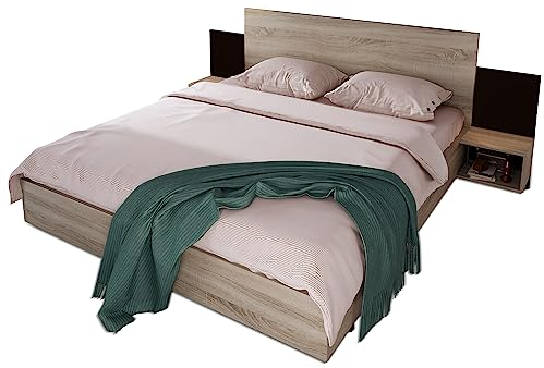 HAINEW Holzbett 160 x 200 cm mit 2 Nachtkommoden und Lattenrost, Modernes Doppelbett Komplett Bettanlage, Bettrahmen, Bettgestell, Jugendbett, Gästebett, Eiche Sonoma+Dunkelgrau