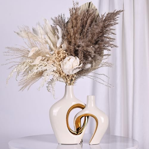 Jarrón de Cerámica Dorada Blanca Juego de 2 - Diseño Nórdico Moderno Boho Minimalista para Decor del Hogar, Salón Comedor, Dormitorio, Oficina - Centro de Mesa Decor de Hierba de Las Pampas y Flores