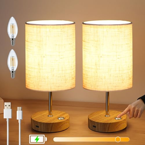 Lightess 2x Tischlampe Kabellos Nachttischlampe Dimmbar Touch Holz Akku Tischleuchte USB Modern Vintage mit E14 Glühbirne Warmweiss für Wohnzimmer Schlafzimmer Tisch Kinderzimmer, Beige Holzfuß