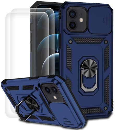 Dechyi für iPhone 12 mini Hülle mit Panzerglas Schutzfolie Schutzhülle mit Kameraschieber Case 360° Drehbarer Militä Ständer Stoßfest Cover-blau