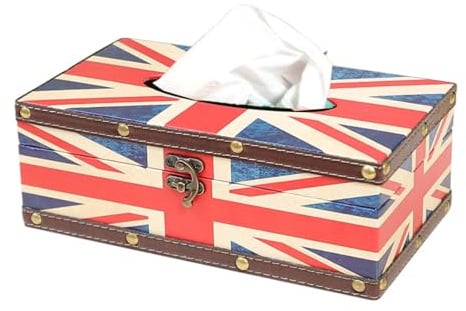 Rechteck Holz Taschentuchbox, Vintage Britische Flagge klassische Serviettenbox Gesichtstuchspender mit Leder Außenschicht und Metallschnalle für die Dekoration von Zuhause, Büro, Auto und Zimmer