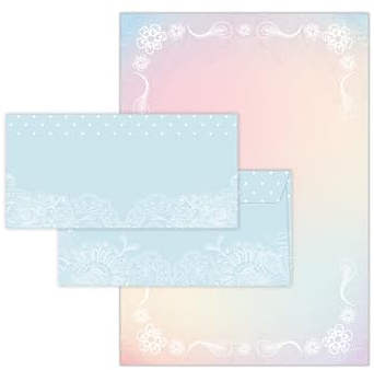 Briefpapier-Set 25 Motivpapier DIN A4 + 25 Umschläge DIN-lang haftklebend Motiv Blumen beidseitig beschriftbar und bedruckbar für Frühlingspost Ostern Taufe Kommunion Konfirmation Basteln