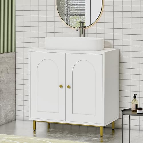 Hzuaneri Meuble sous lavabo, Meuble de Rangement pour Salle de Bain, Meuble pour Évier avec et 2 Portes, Étagère Réglable, Autoportant, pour Salle de Bain, Cuisine, Blanc BC19103X