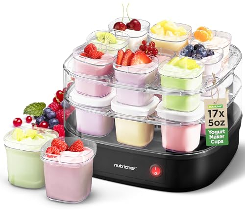 Nutrichef Máquina automática de Yogurt – Incluye 17 Tazas Reutilizables de 5 onzas con Tapas Almacenamiento instantáneo, Negro
