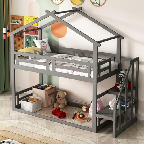 Zravenna Hausbett 90x200 mit Rausfallschutz, Etagenbett 2 Kinder mit Leiter, Bettgestell aus Massivholz mit Lattenrost, Geschwister Bett für Jungen & Mädchen (Grau)