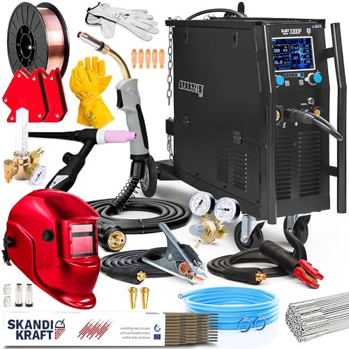 Spartus EasyMIG 330 Dual Puls - Soldador Inverter Profesional 400V 300A - Doble Pulso y Sinergia - MIG/MAG, MMA, TIG Lift - 2T/4T, Inductividad - 4 Rodillos - Set Professional