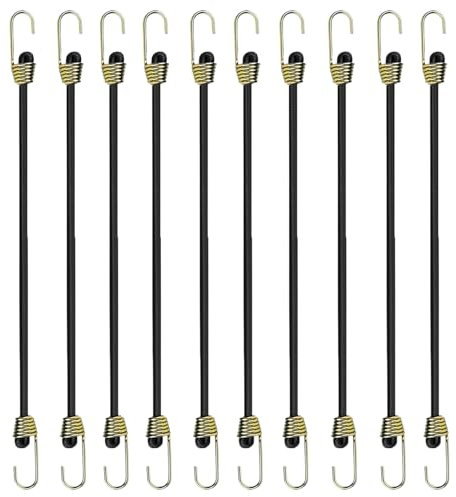 10 Corde Elastiche con Gancio - Elastici con Ganci per Teloni, Portapacchi e Oggetti - Tenditori Elastici Resistenti alle Intemperie - Corda Elastica Multiuso da 24 cm - Colore Nero