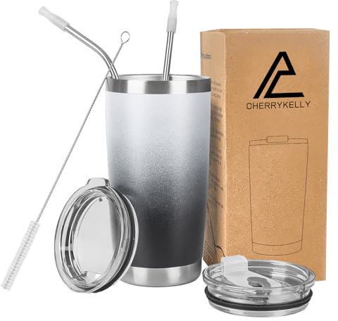 CherryKelly 20oz (550ml) Insulated Travel Tumbler Mug Stainless Steel Vacuum Coffee Cup with 2 Leak-Proof Lids & Straws, BPA-Free, Hot & Cold, Commute, Gym, Office - White&Black