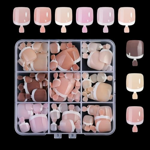 Stick on Toenails - 135PCS Toe Nails False - 9 Colours False Toenails with Glue - Nude Brown Press on Toenails French Tip - Acrylic Fake Toe Nail Extensions for Big Toe Little Toe