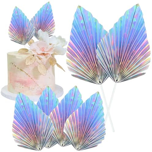 Gyufise 6Pcs Paper Palm Fan Cake Toppers Palm Spear Leaves Fan Cupcake Toppers Cake Insert Decorations Craft DIY Cake Bakeware Decoration for Birthday Party Wedding Party Decor Supplies Laser