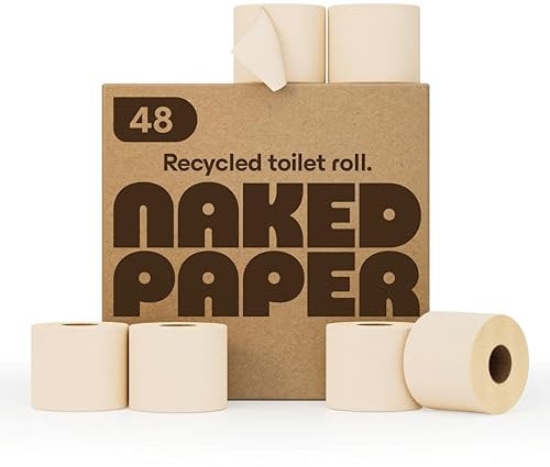 Naked Paper Unbleached Recycled Toilet Roll - 48 Rolls, Sustainable Bulk Toilet Paper, Super Soft & Strong, 320 Sheets Per Roll, Plastic-Free & Sensitive Skin Safe