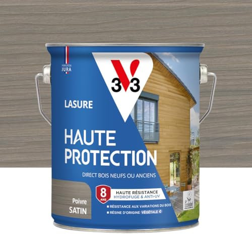 V33 Holzlasur für den Außenbereich, Pfeffer, satiniert, hoher Schutz, 8 Jahre, hohe Beständigkeit gegen Wasserabweisend und UV-Schutz, beständig gegen Holzschwankungen, umweltfreundlich, pflanzliches