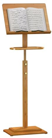 Bambus-Notenständer für Notenblätter, zusammenklappbar, höhenverstellbar, 100-130 cm, mit breiter Holzbuchplatte für Dirigent, Rednerpult, Gitarre, Violine, Klavier, Ukulele, Spieler (braun)