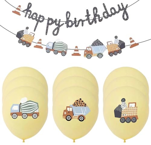 9 Stück Baustelle Luftballons Set, Fahrzeuge Thema Party Dekoration Ballons mit 1 Stück Maschinenfahrzeug Partykette, Luftballon Laster Kran für Jungen Kindergeburtstag Babyparty Geburtstagsdeko