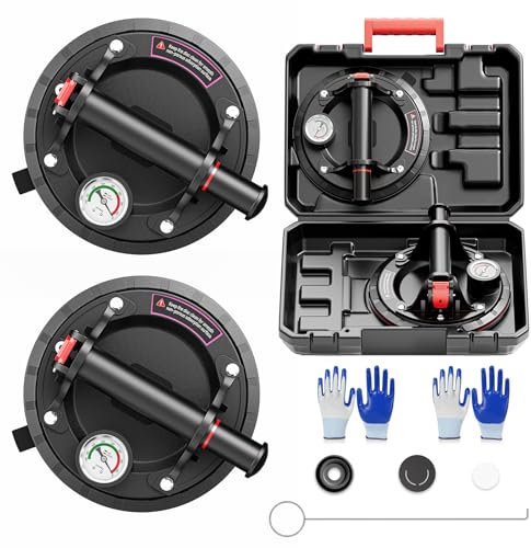 Set di 2 ventose da 8 con manometro, portata max. 200 kg, sollevatore sottovuoto con cassetta degli attrezzi portatile, alzacristalli per piastrelle, vetro, marmo
