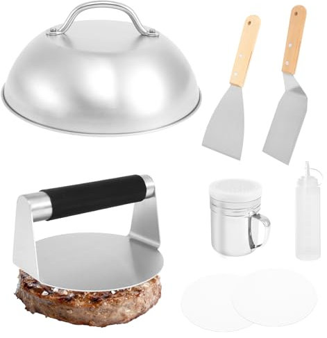 Smash Burger Set Burgerpresse Set Ausgestattet mit 1 Topfdeckel 1 Frikadellenpresse 2 Pfannenwendern 1 Saucen Quetschflasche 100 Wachspapier 1 Gewürzflasche Edelstahl Grillbesteck Set