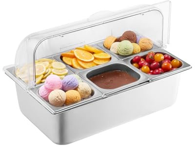 VEVOR Countertop Food Serving Display Container, 6 Pan Stainless Steel Food Serving Tray, Buffet Condiment Dispenser Display Rack with Clear Lid & 3 Freezer Boxes, for Restaurant Hotel Kitchen Party