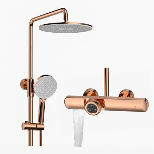 SWHC Columna Ducha Termostatica, 3 Funciones Conjunto Ducha Montaje en Pared Altura Ajustable Set de Ducha con Alcachofa de Ducha de 3 Modos, Rociador Ducha, Caño de Bañera en Cascada