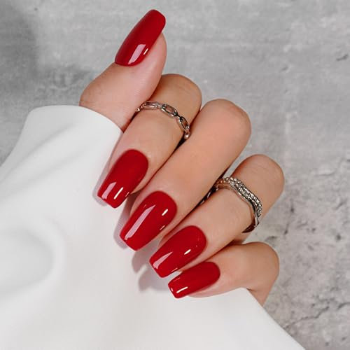 KQueenest Red Press on Nails Long Square, Wine Red False Nails with Glue, Glossy Solid Medium Coffin Fake Nails Press ons, Natural Fit, Reusable Soft Gel Stick on Nail for Women Decoration 24 Pcs