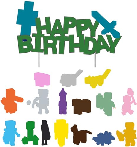 GWAWG 16pcs Cake Toppers Cake Decorations, 1 Large Happy Birthday Topper, 3D Pixel Toppers for NTN Game, Cartoon Movie Themed Birthday Party Supplies Decorations for Kids