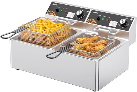 Kommerzielle Fritteuse, 2 l x 2/21 Quart Doppeltank, Arbeitsplatten-Fritteuse, dick, 3400 W, Edelstahl, Arbeitsplatten-Fritteuse mit einstellbarem Temperaturkorb für Restaurant