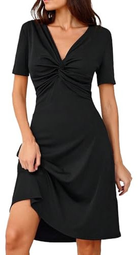 Fiohiros Black midi Dresses for Women UK,Summer midi Dresses V Neck Short Sleeve Shirt Dress Elegant,Casual Funeral Evening Dresses (UK, Alpha, S, Regular, Regular, Black)