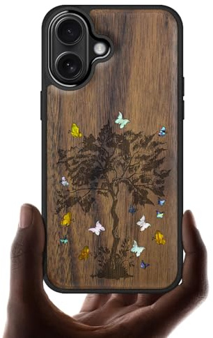 Carveit Magnetisch Hülle für iPhone 16 Case [Holzgravur & Muschel Inlay] Handyhülle Kompatibel Magsafe mit Apple 16 Cover Holz（Nussbaum-Der Zentangle-Setzling）