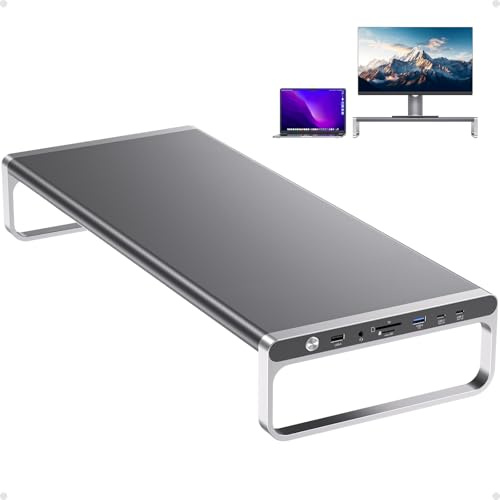 PULWTOP MacBook Docking Station Monitorständer, 13-in-1 USB-C Laptop Docking Station mit 6 USB A/C Anschlüssen (Daten & max 60W Ladeleistung), 4K HDMI, SD/TF, Audio, Ethernet für MacBook, Windows