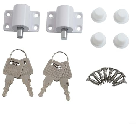 Niceminiwall Schiebetürschloss-Set mit Flügelschraube, Zinklegierung, Sicherheitsschnäpper für Scharnier- oder Schiebetüren, inklusive 2 Schlüsseln und Befestigungszubehör, 2 Stück (weiß)