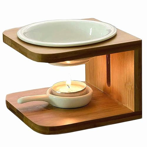 BAOBYAO Duftlampe Bambus Keramik mit Kerzenhalter und Duftölschale,5X5Zoll | Modern Große Hölzern Aromalampe Diffuser für Ätherische Öle Raumdüfte Teelichthalter für Wohnzimmer,Schlafzimmer,Büro
