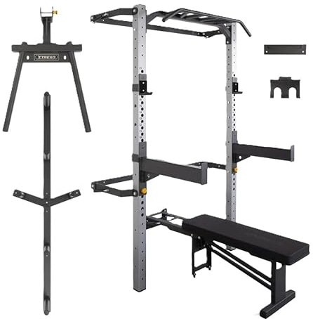 XTREXO Mercury Wall Cage mit Integrierter Bank – Wandmontiertes Home Gym, 300 kg Stahlkonstruktion, Verstellbare Langhantelhaken 48–164 cm, Sicherheitsstützen 90–170 cm, Klimmzugstange, Tellerhalter