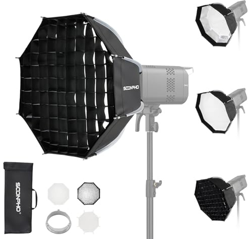 SOONPHO KS-45 17,7in/45cm Softbox Ottagono Attacco Bowens,Soft Box Kit Rilascio Rapido con Difusore,Griglia a Nido d'Ape e Borsa Trasporto,Compatibile con Godox SK400IIIV,SK300IIV,MS300V,AD200PROII