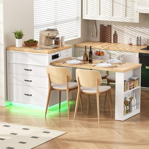 îLot De Cuisine Sur Roulettes Table à Manger Extensible Avec éClairage Led Usb/Type-C Table Multiprises Sert D'îLot De Buffet Ou De îLot Central Cuisine, Pour La Cuisine Et La Salle à Manger, Blanc