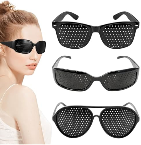 3er Set Rasterbrille für Augentraining, Klassische Lochbrille zur Entspannung & Sehübungen, Wellness-Gitterbrille für Damen & Herren, Schwarz PC-Material, Universalgröße