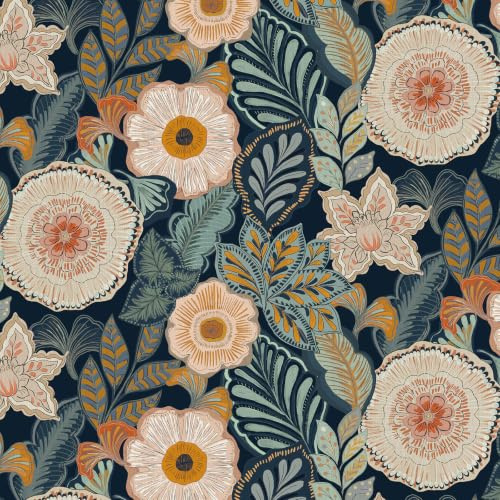 Timeet Selbstklebende Tapete 44cm x 3m Vinyl Klebefolie Blumen Wandtapete Dunkelblau Vintage Möbelfolie Wasserdicht Floral Wandfolie für Wohnzimmer Schlafzimmer Wand Dekoration Boho